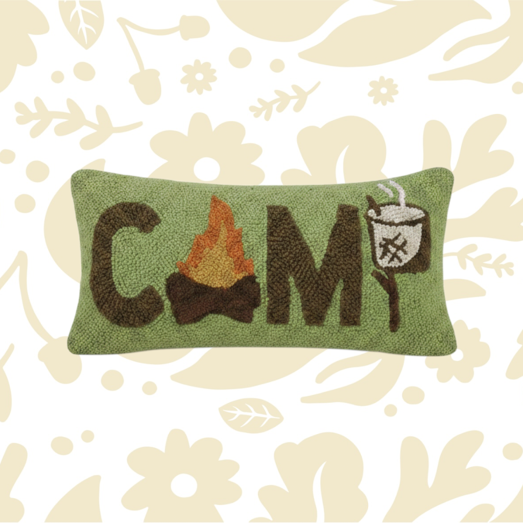 Peking CAMP Marshmallow Wool Hook Cushion, 18x9”. Cabin decor with campfire and marshmallow design for cozy homes.