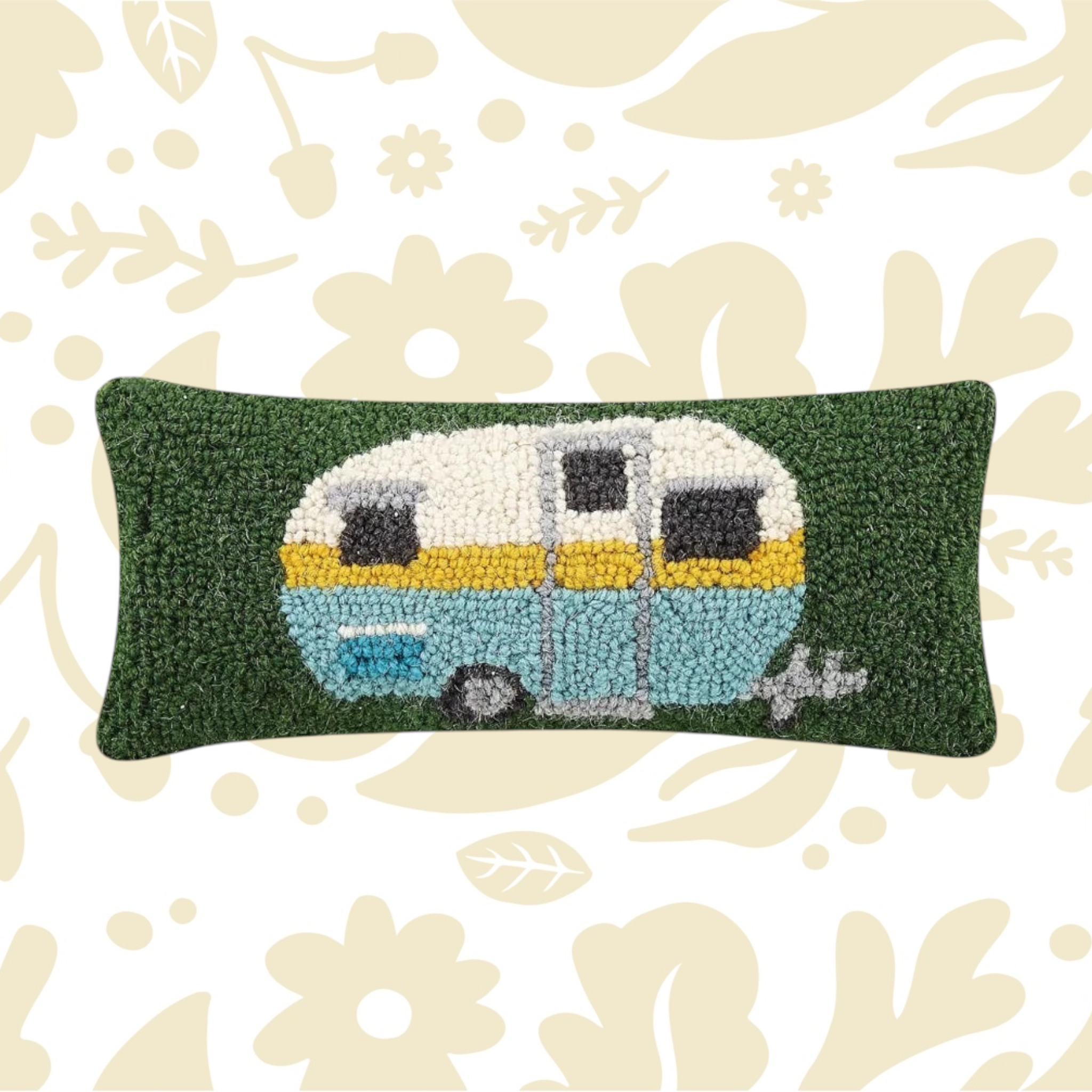 Forager Provisions LTD Peking Handicraft camper wool hooked cushion with a retro caravan design on a green background.