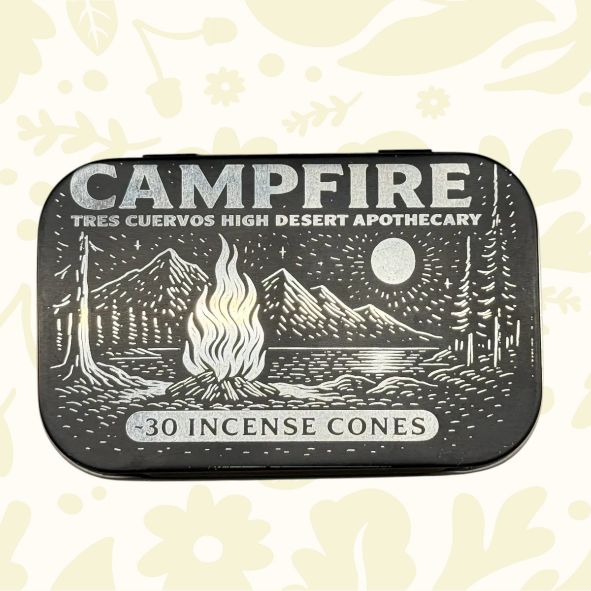 Forager Provisions LTD Tres Cuervos Campfire charcoal incense cones in a black illustrated metal tin.
