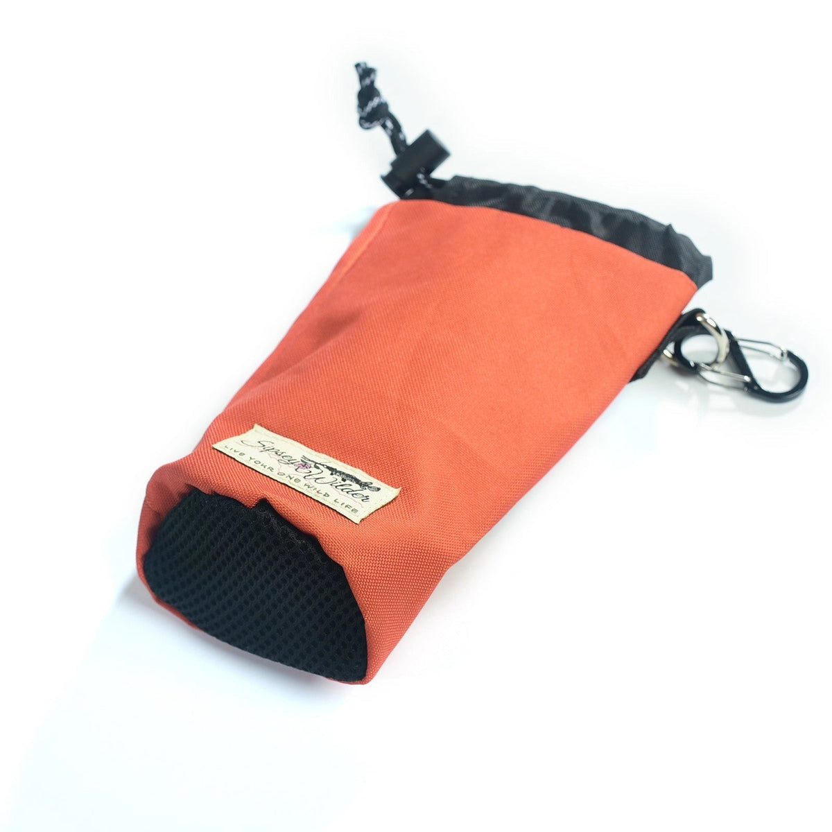 Forager Provisions LTD Sipsey Wilder campfire orange water bottle holder with mesh base and carabiner clip.