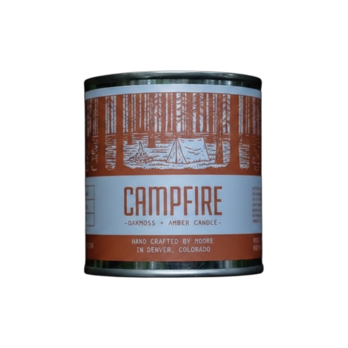 Forager Provisions LTD Moore Collection Campfire soy wax candle in a reusable metal tin with rustic forest label