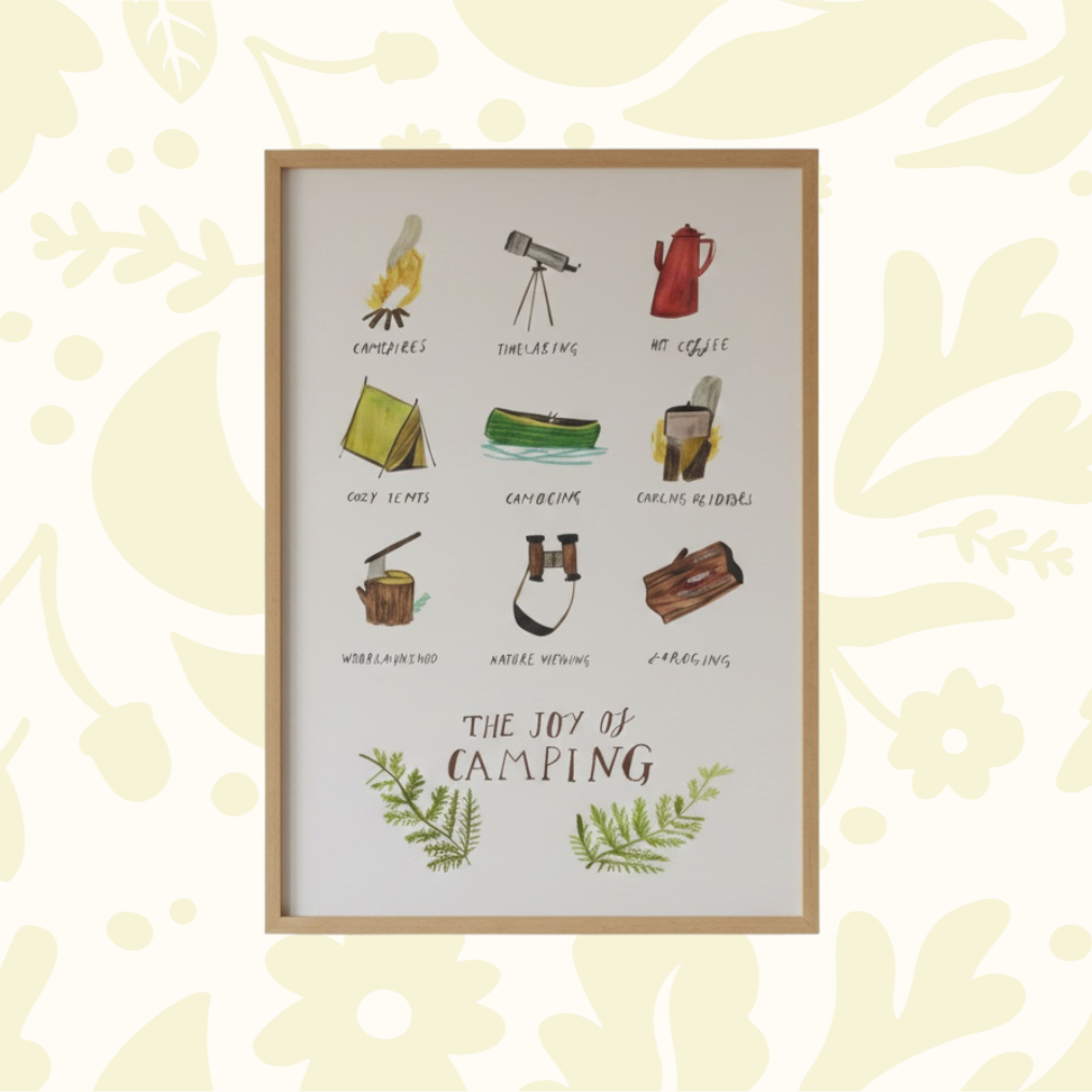 The Joy of Camping print by Dick Vincent shows labeled camping gear with happy quotes, perfect camping wall decor gift.