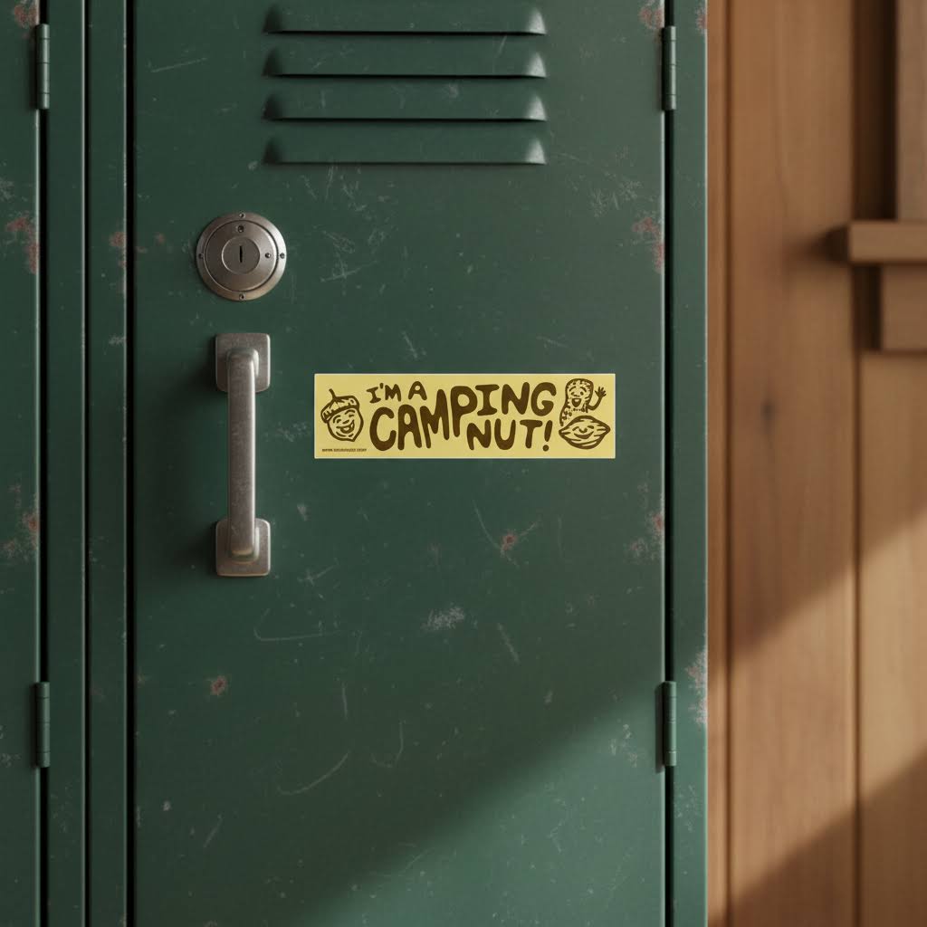 Forager Provisions LTD rectangular yellow vinyl bumper sticker with I'm A Camping Nut text on a green metal locker