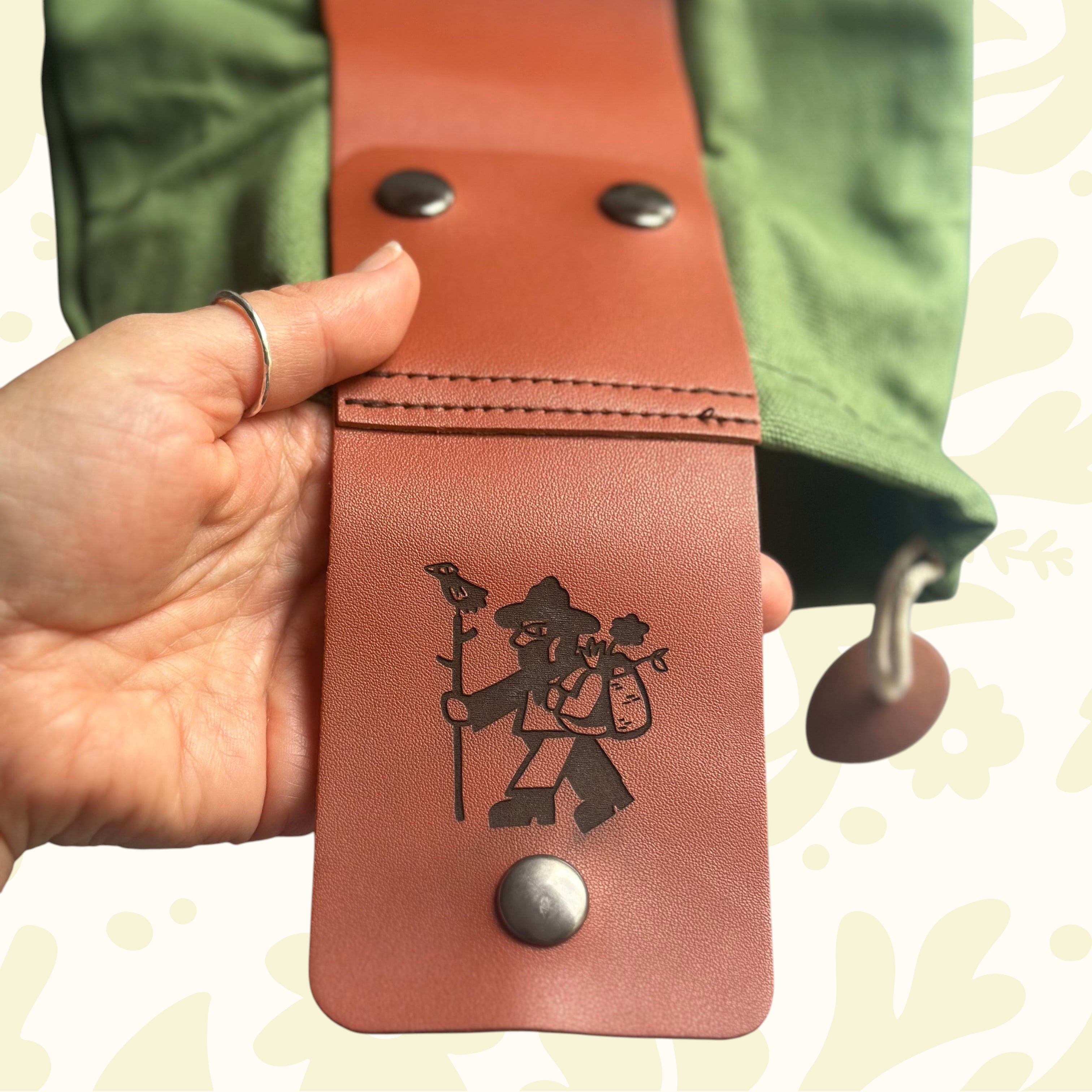 Forager Provisions LTD green cotton canvas forage bag with engraved vegan faux leather strap and popper fastening