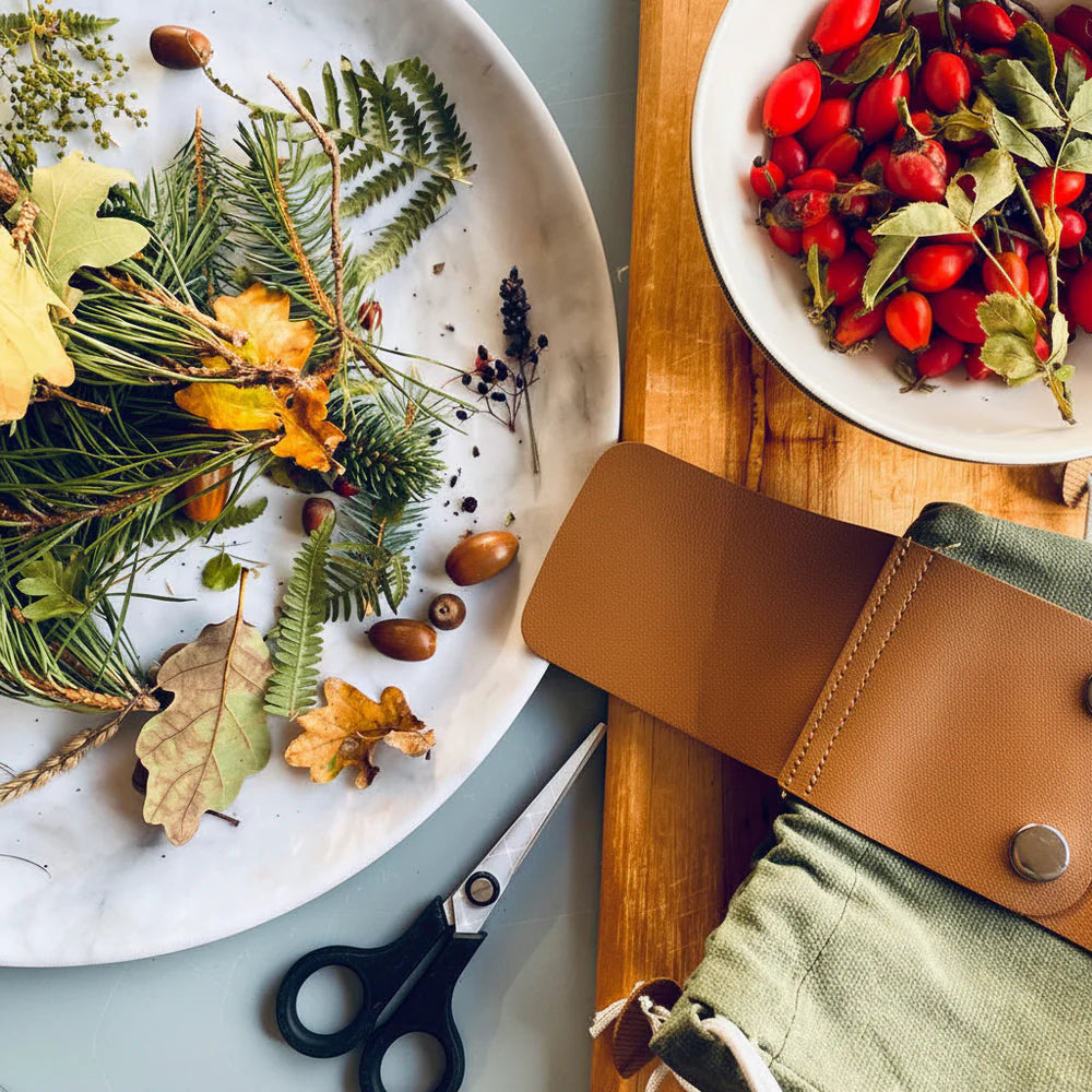 Forager Provisions LTD canvas forage bag with vegan leather trim, shown next to a bowl of rosehips and forest finds.