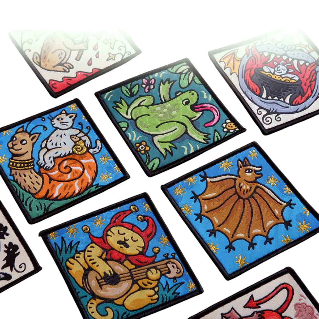 Forager Provisions LTD Cat Coven embroidered patches featuring whimsical cat, frog, and bat designs on a patterned base.