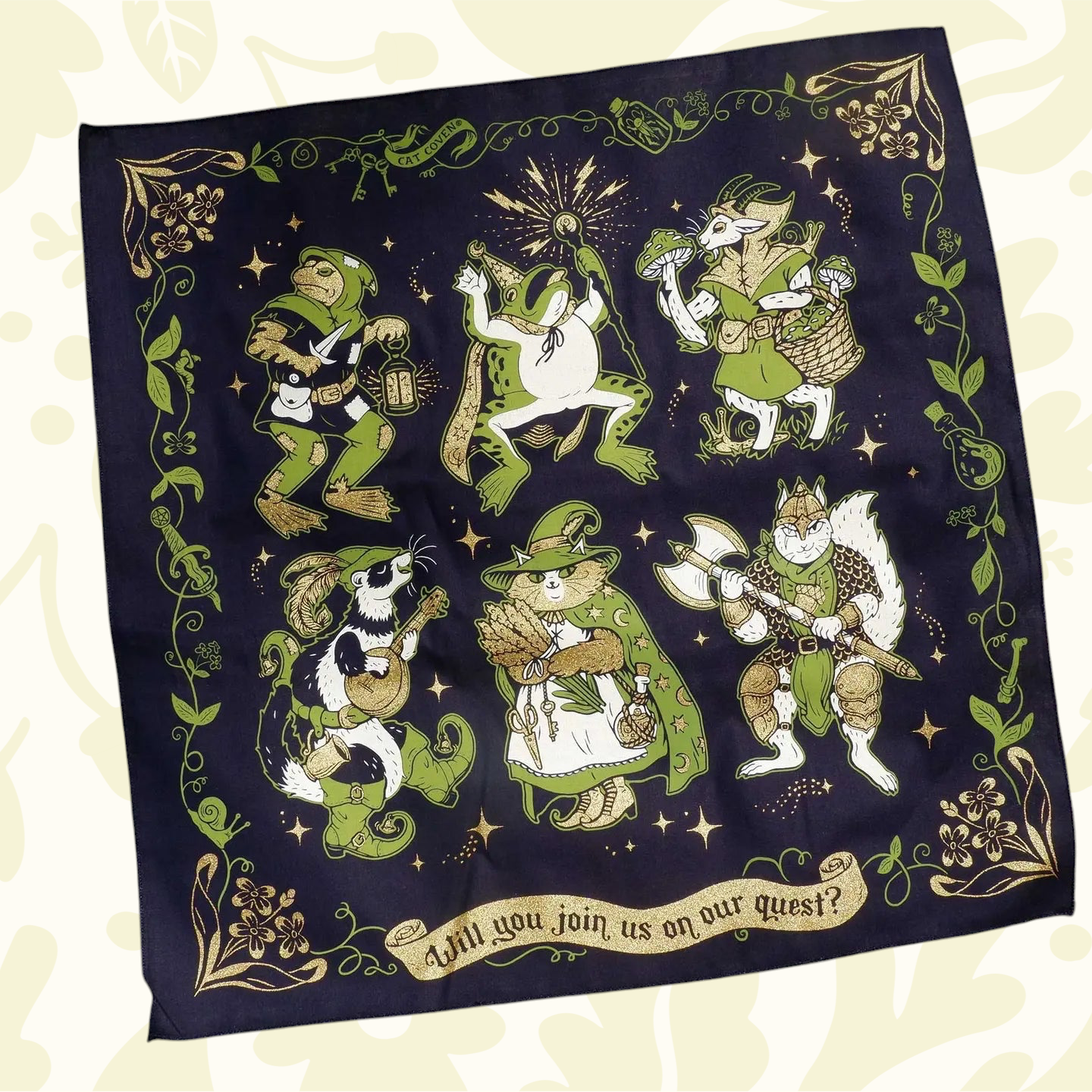 Forager Provisions LTD Cat Coven cotton bandana featuring whimsical fantasy animal illustrations in gold and green.
