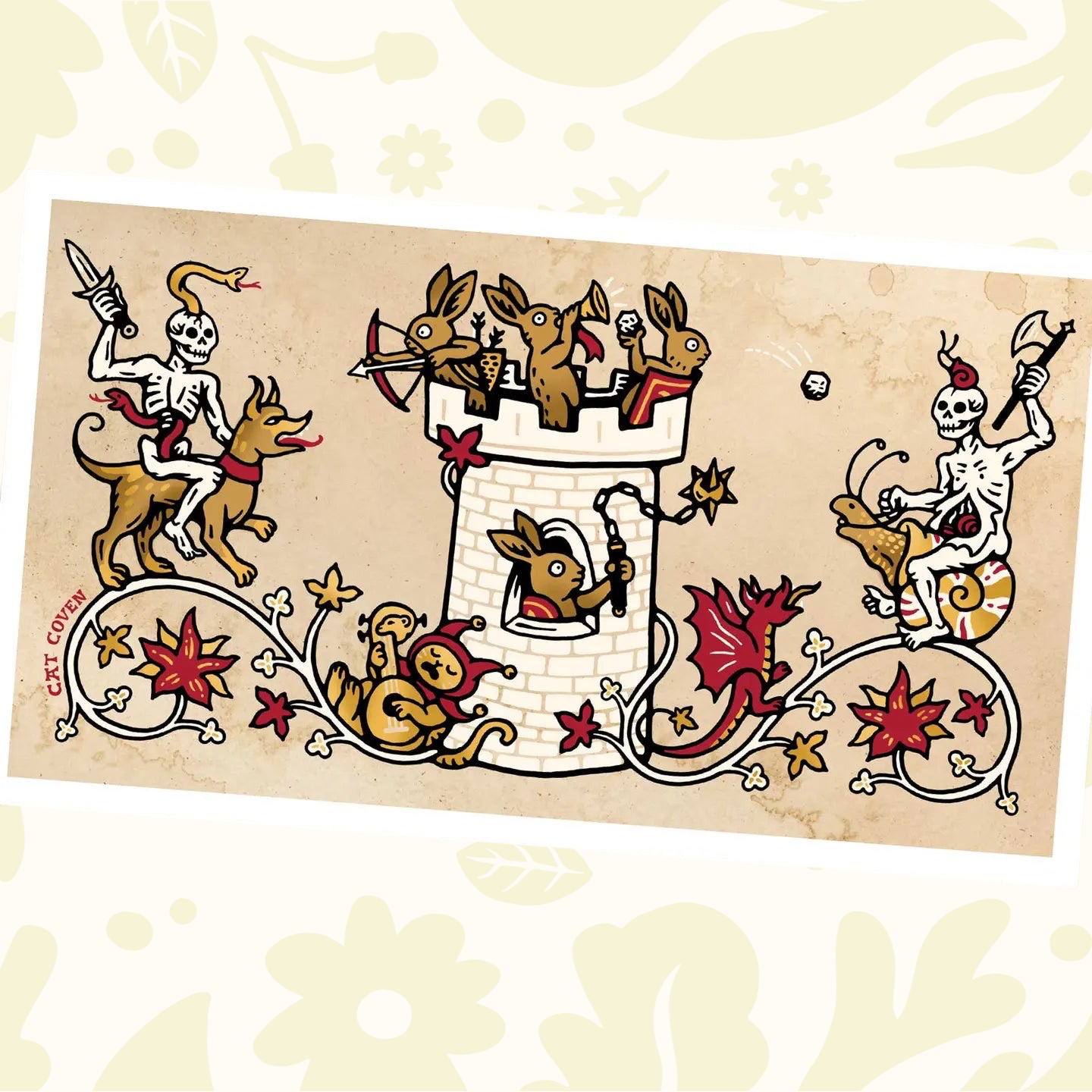 Forager Provisions LTD Cat Coven art print featuring a whimsical medieval battle scene with skeletons and rabbits.
