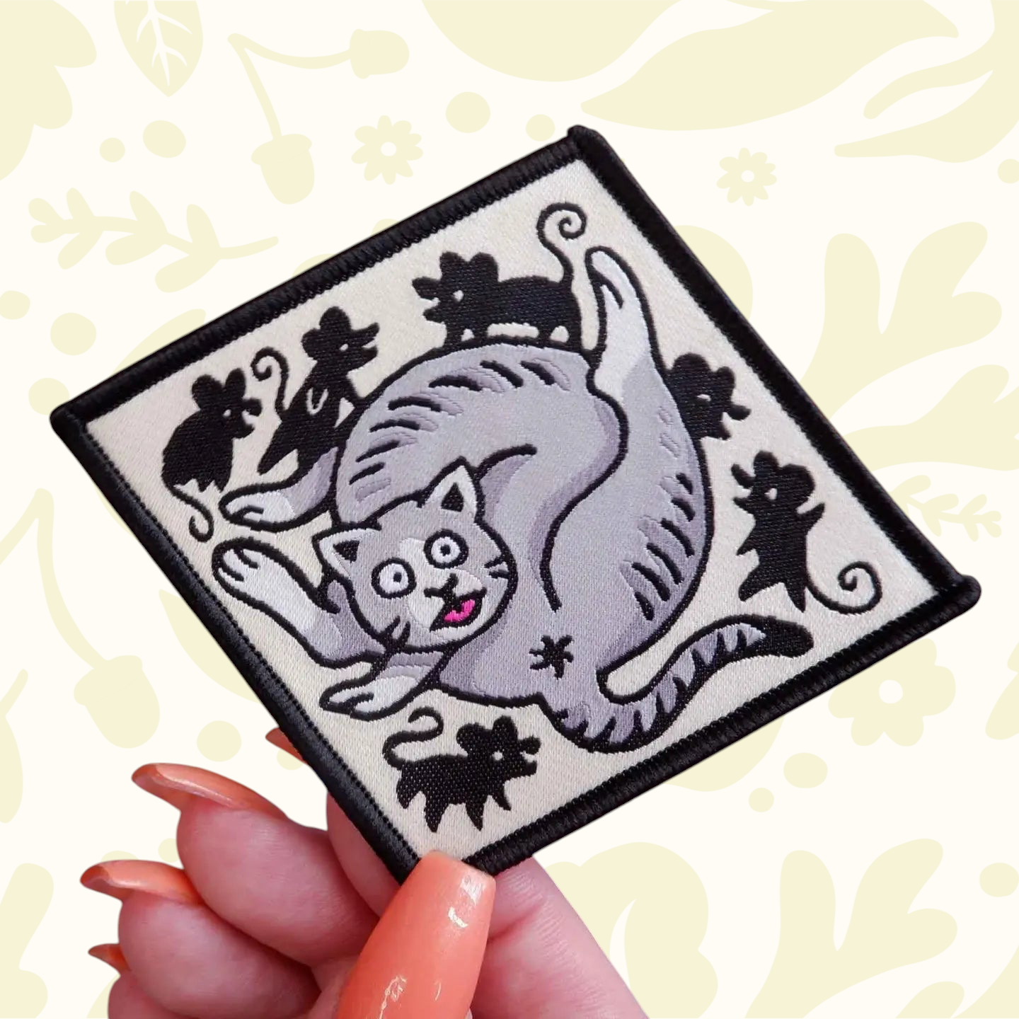 Forager Provisions LTD Cat Coven Butt Licker embroidered patch featuring a grey cat and black mice on a square base.
