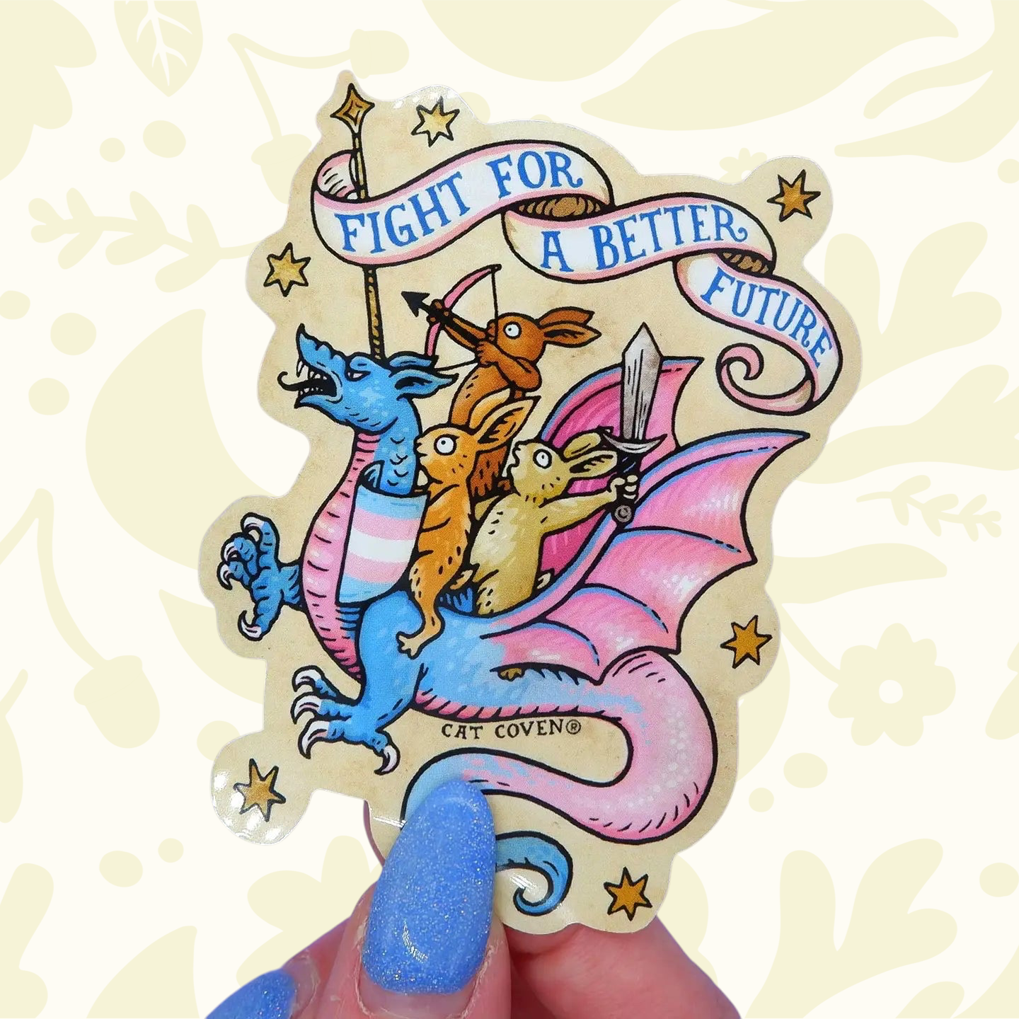 Forager Provisions LTD Cat Coven vinyl sticker featuring rabbits riding a blue dragon with a Fight For A Better Future banner.