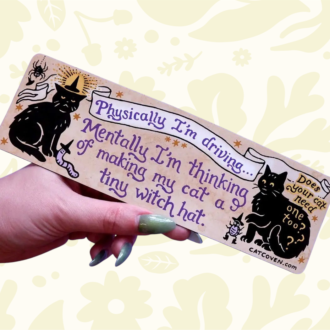 Forager Provisions LTD Cat Coven car magnet featuring black cats, witch hats, and humorous text on a cream background.