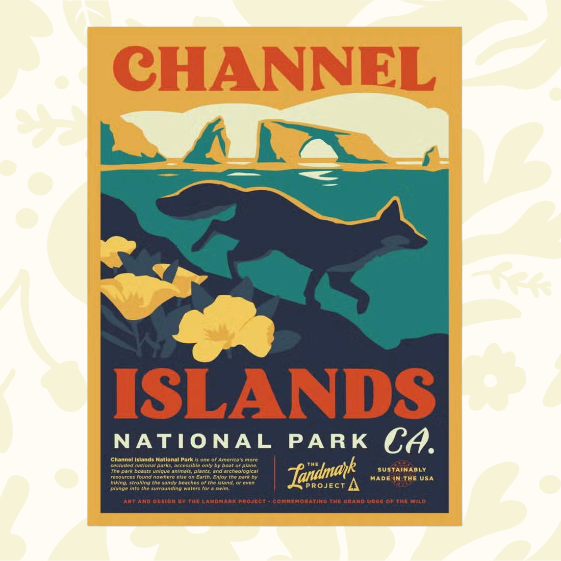 Forager Provisions LTD 12x16 poster featuring a vintage-style illustration of Channel Islands National Park with a fox.