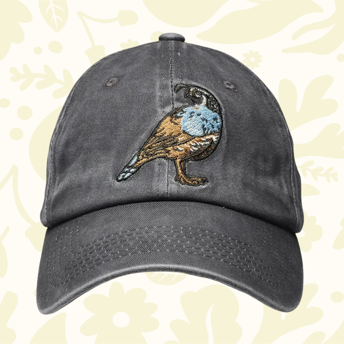Mustard Beetle Quail Ball Cap with bird and floral embroidery, ideal for nature lovers and outdoor adventure enthusiasts.