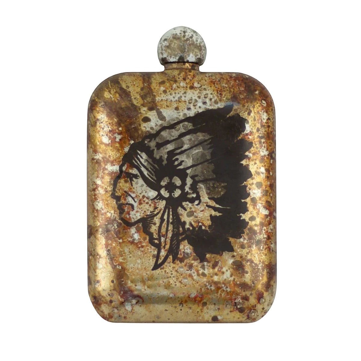 Forager Provisions LTD 6 oz stainless steel whiskey flask with a vintage patina and etched Native American chieftain
