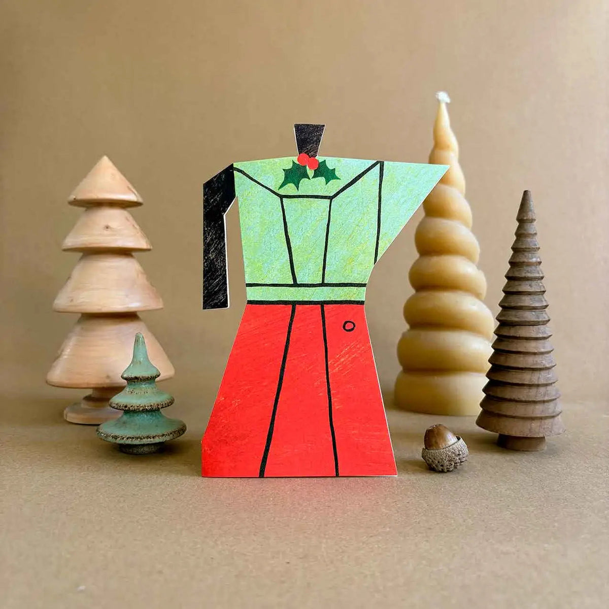 Forager Provisions LTD Christmas coffee pot card with festive illustration surrounded by wooden and wax tree ornaments