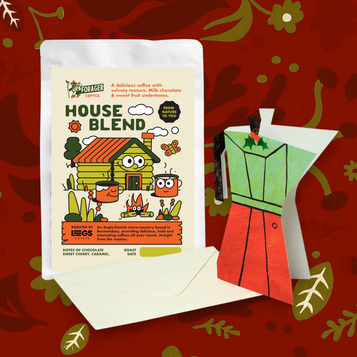 Forager Provisions LTD Christmas gift set with 250g House Blend coffee bag and a Mortlake Papers coffee pot card.
