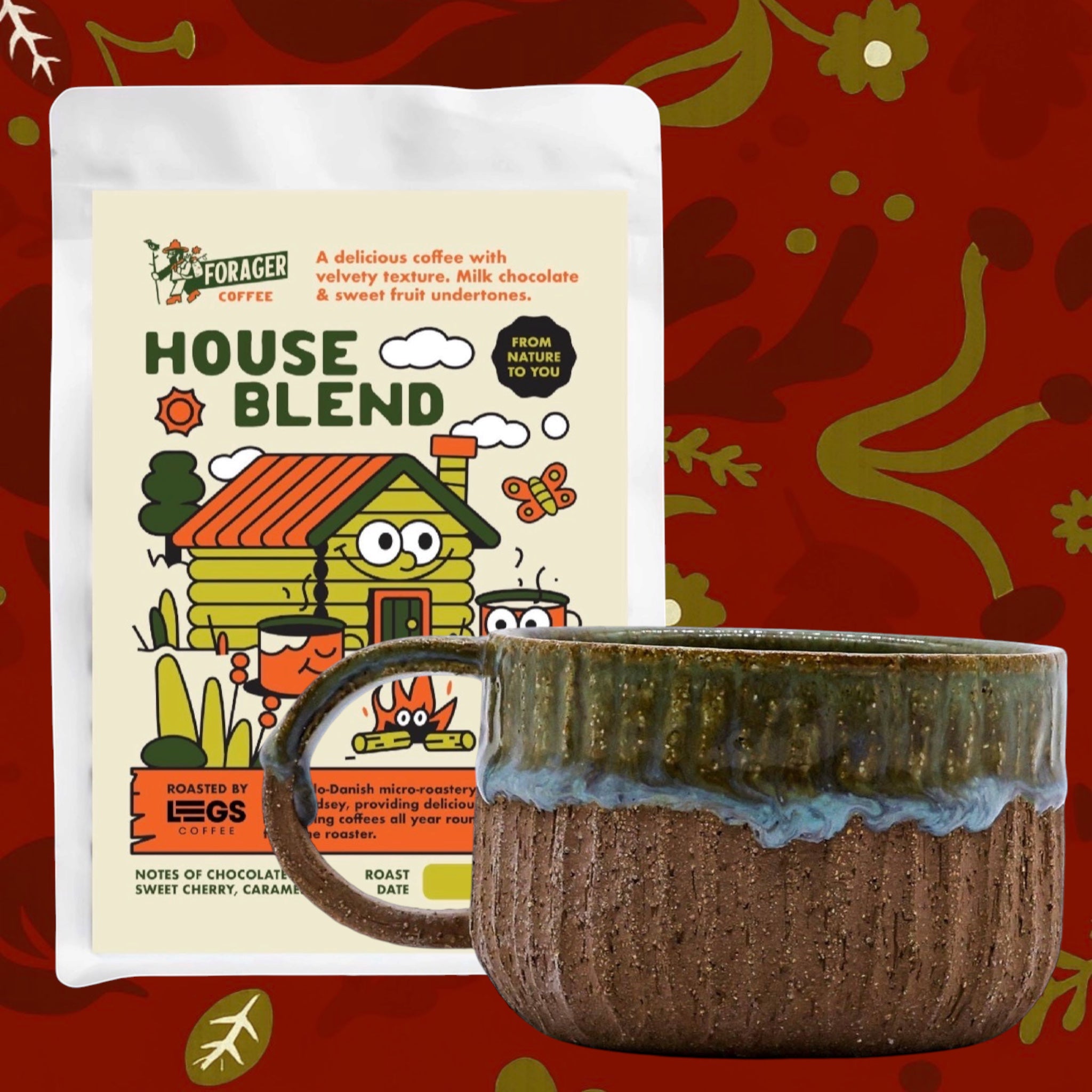 Forager Provisions LTD coffee gift set featuring a bag of House Blend coffee and a handmade Bluverde stoneware mug.