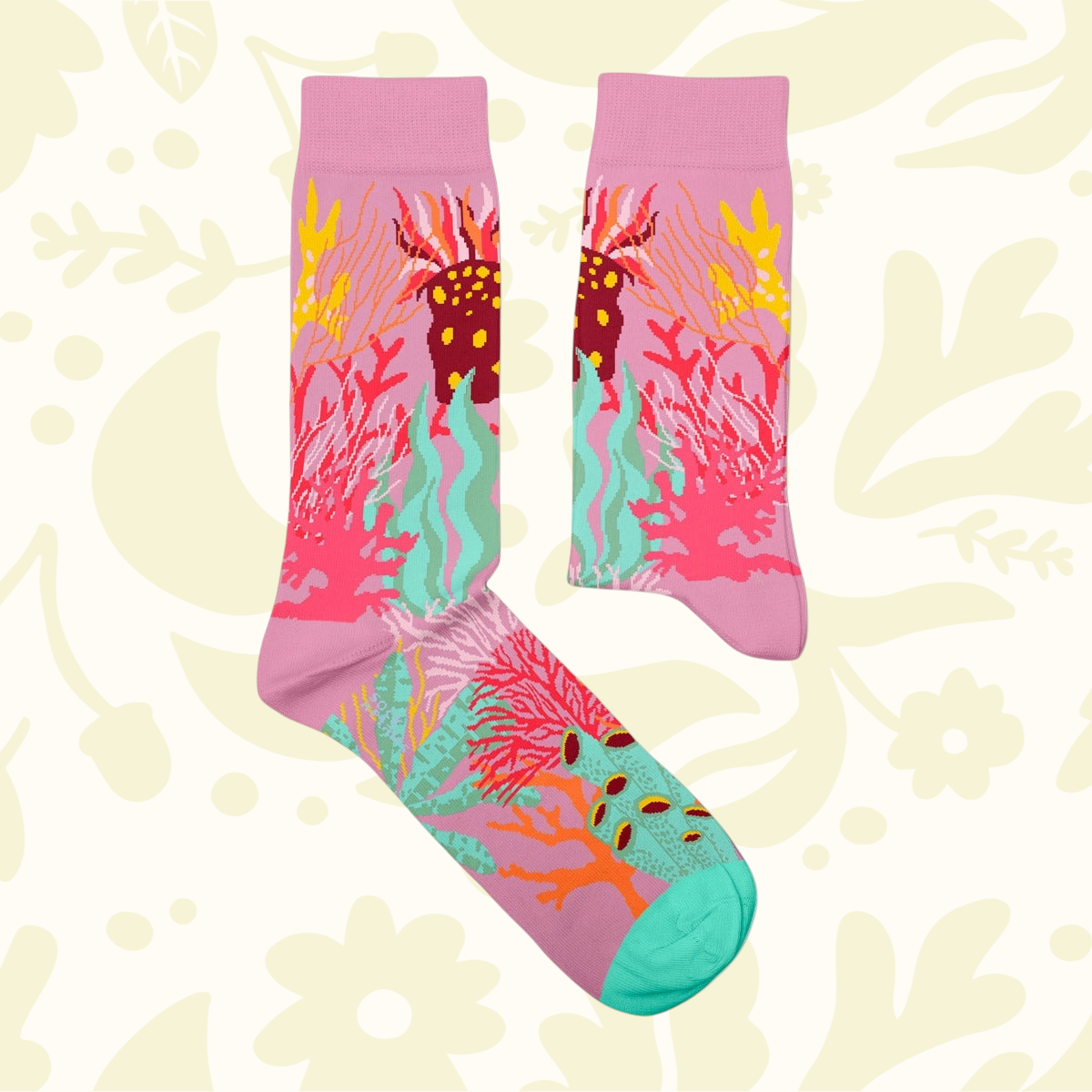 Forager Provisions LTD coral reef patterned socks in pink, turquoise, and yellow sustainable combed cotton