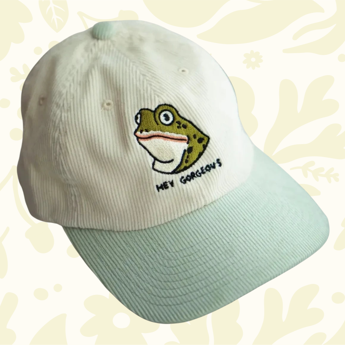 Forager Provisions LTD two-tone corduroy dad hat featuring a cute frog embroidery and Hey Gorgeous text.
