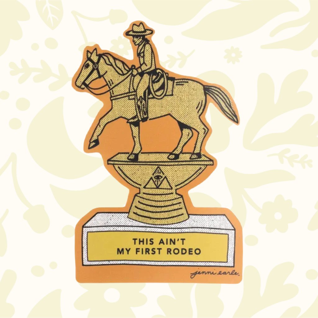Forager Provisions LTD Jenni Earle waterproof sticker featuring a cowboy on a horse trophy with western typography