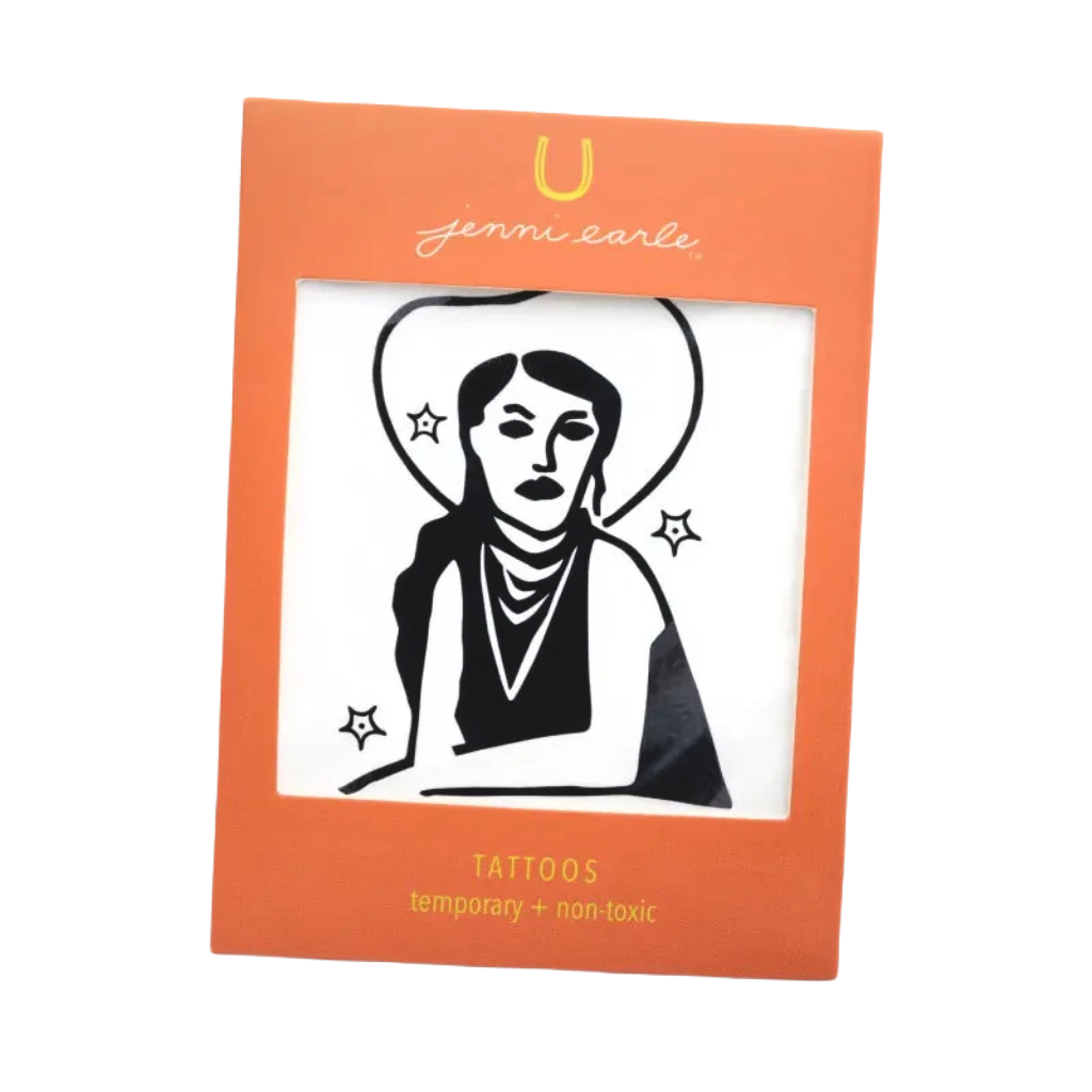 Forager Provisions LTD Jenni Earle Cowgirl Dreamin' temporary tattoo in orange packaging with western art design