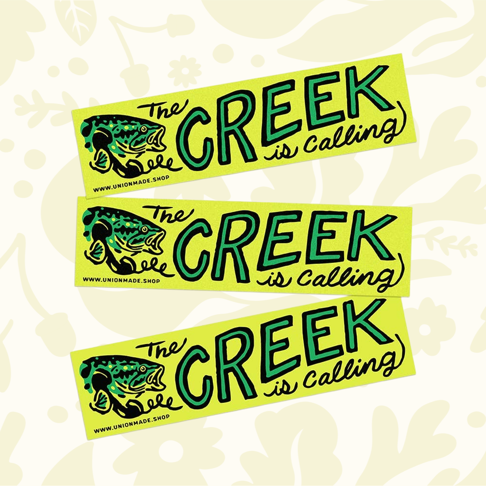 Forager Provisions LTD The Creek Is Calling weatherproof vinyl bumper sticker with fish graphic and green lettering.
