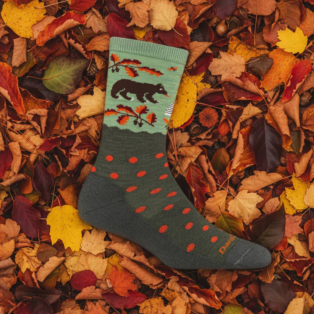 Darn Tough 6105 Women’s Bear In Woods Sock with green-gray bear art lies on autumn leaves, cozy outdoor hiking gear.