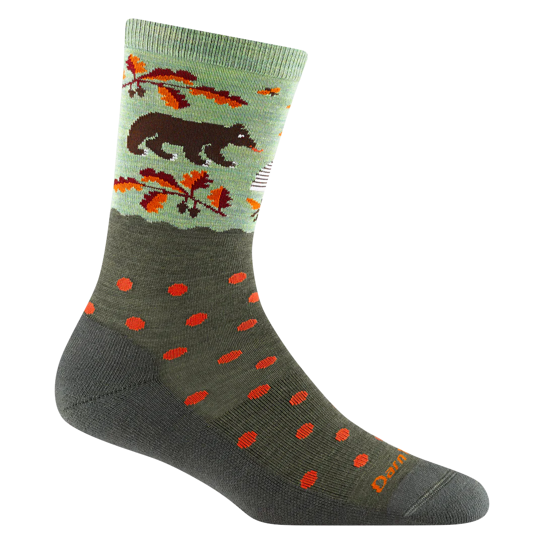Darn Tough 6105 Bear In Woods women’s Merino wool socks—bear, leaf patterns, red dots, orange logo; cozy, durable design.