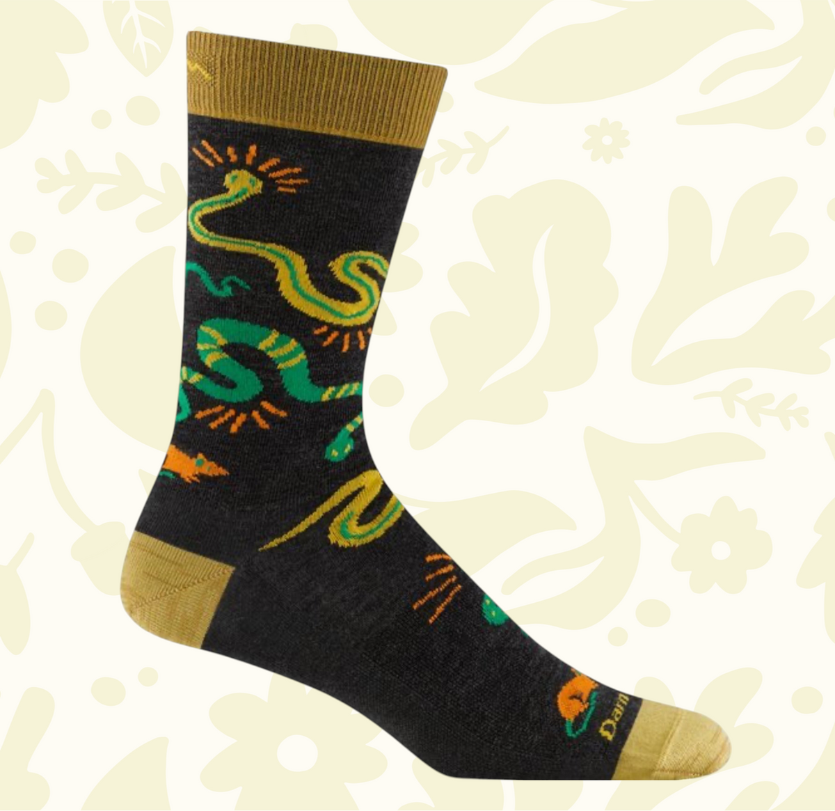 Forager Provisions LTD Darn Tough charcoal crew socks featuring a green and orange coiled snake pattern in Merino wool