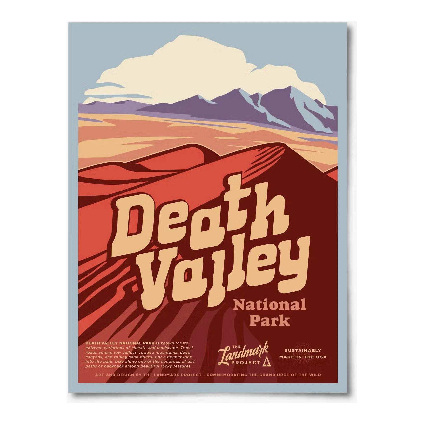 Forager Provisions LTD Death Valley National Park illustrated poster featuring desert dunes and mountain landscape.
