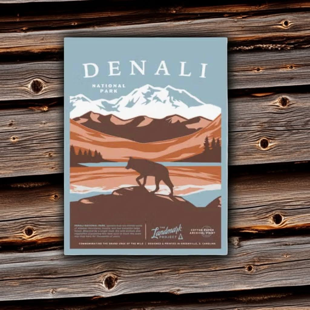 Forager Provisions LTD Denali National Park art poster featuring a wolf silhouette against mountain peaks on wood