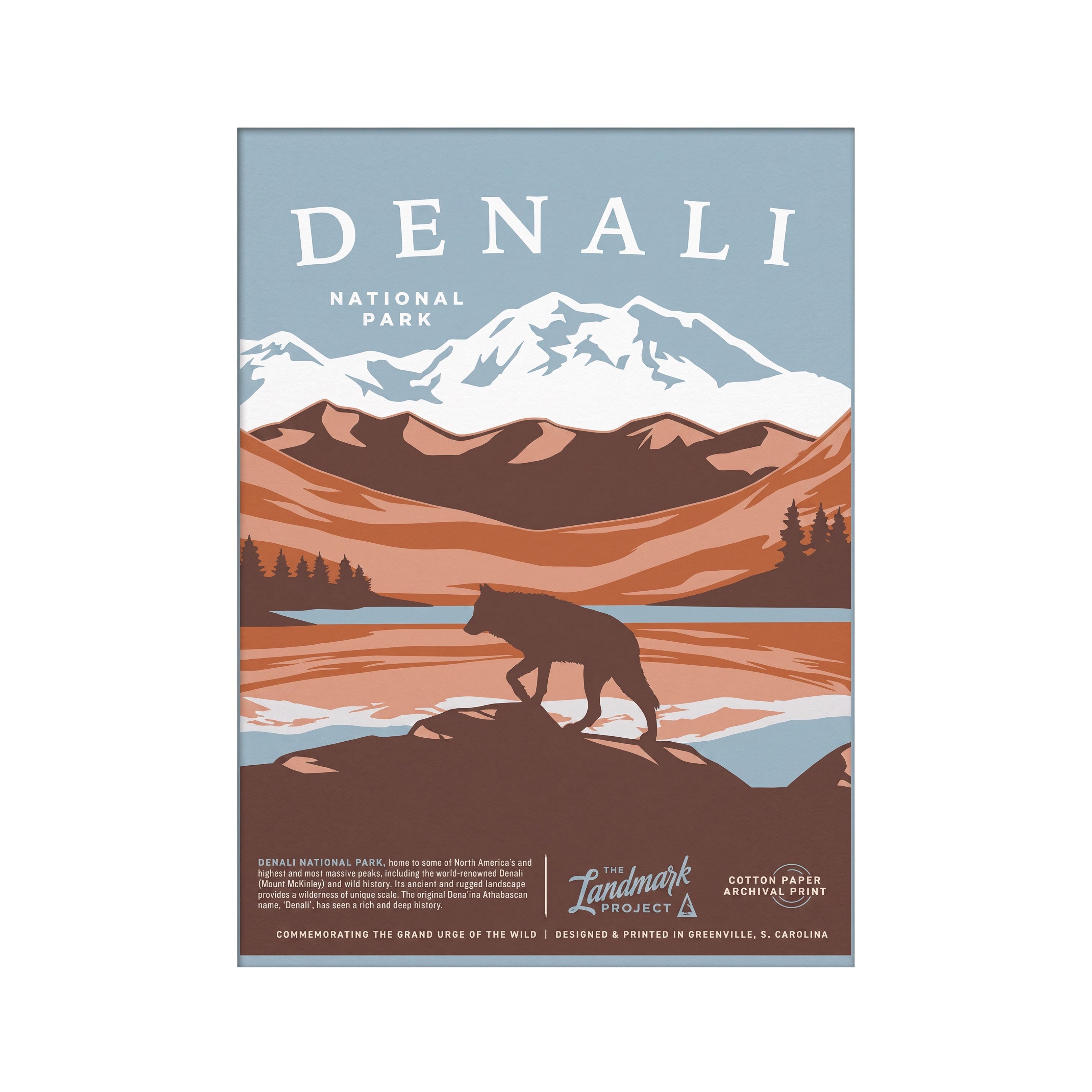 Forager Provisions LTD The Landmark Project Denali National Park poster featuring a wolf illustration on archival paper