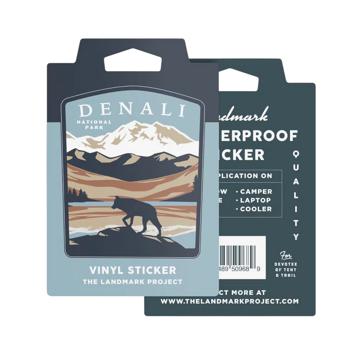 Forager Provisions LTD Denali National Park vinyl sticker featuring a wolf silhouette against mountain scenery