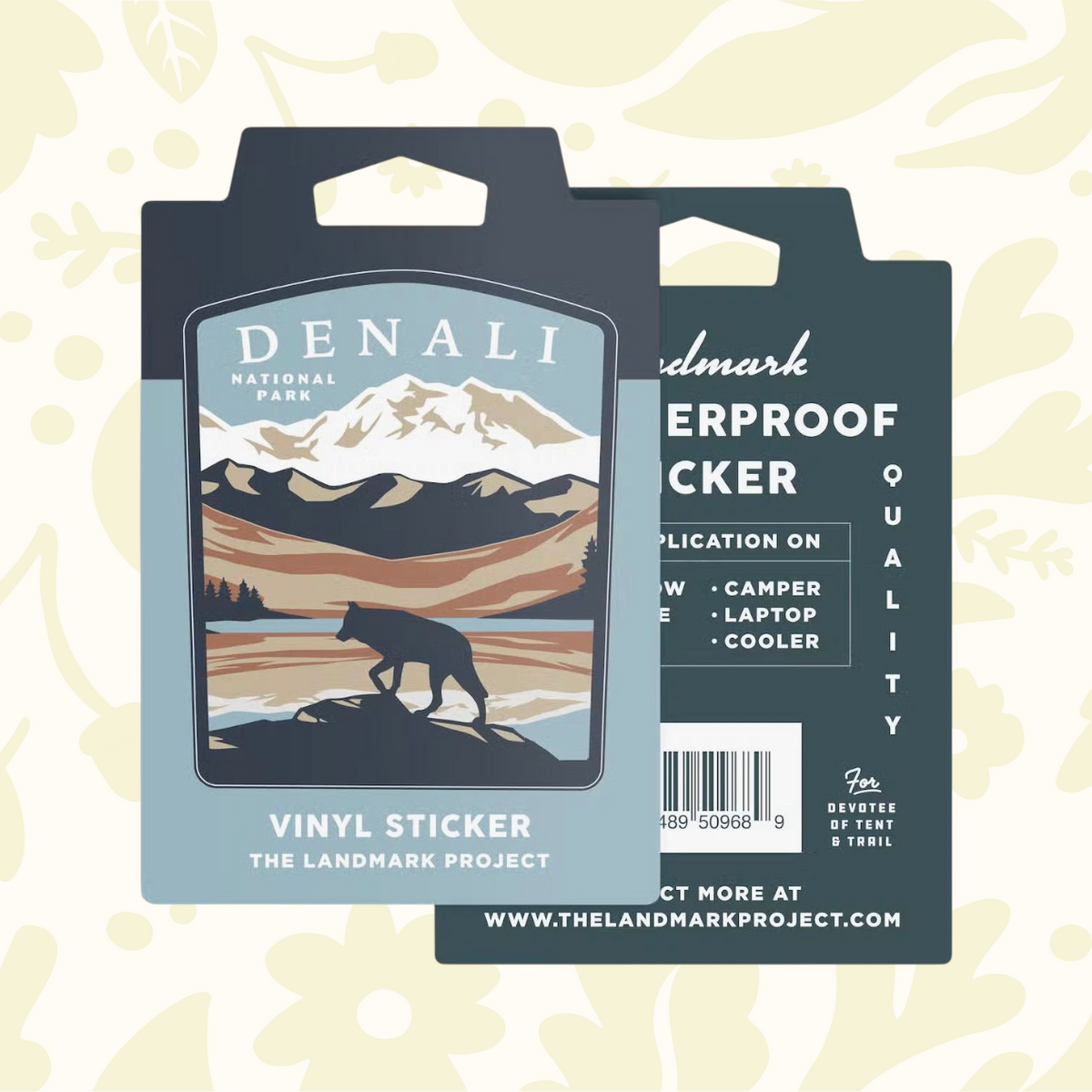 Forager Provisions LTD Denali National Park vinyl sticker featuring a wolf silhouette and mountain landscape artwork.