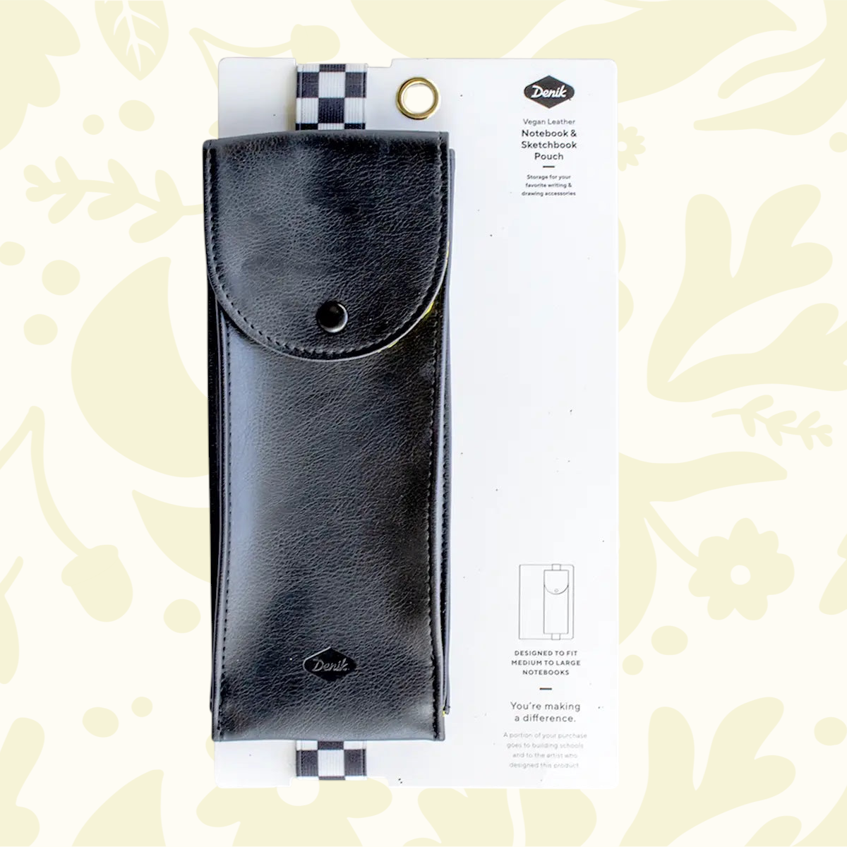 Forager Provisions LTD Denik black vegan leather notebook pouch with a checkerboard strap on display packaging.