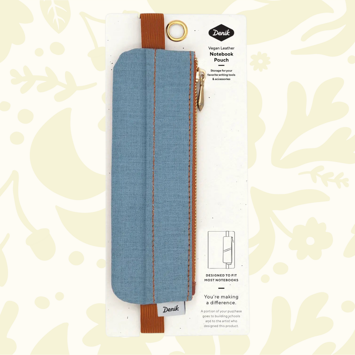 Denik Denim Distressed Blue Notebook Pouch: vegan leather organizer with zipper, durable elastic band for stationery storage.