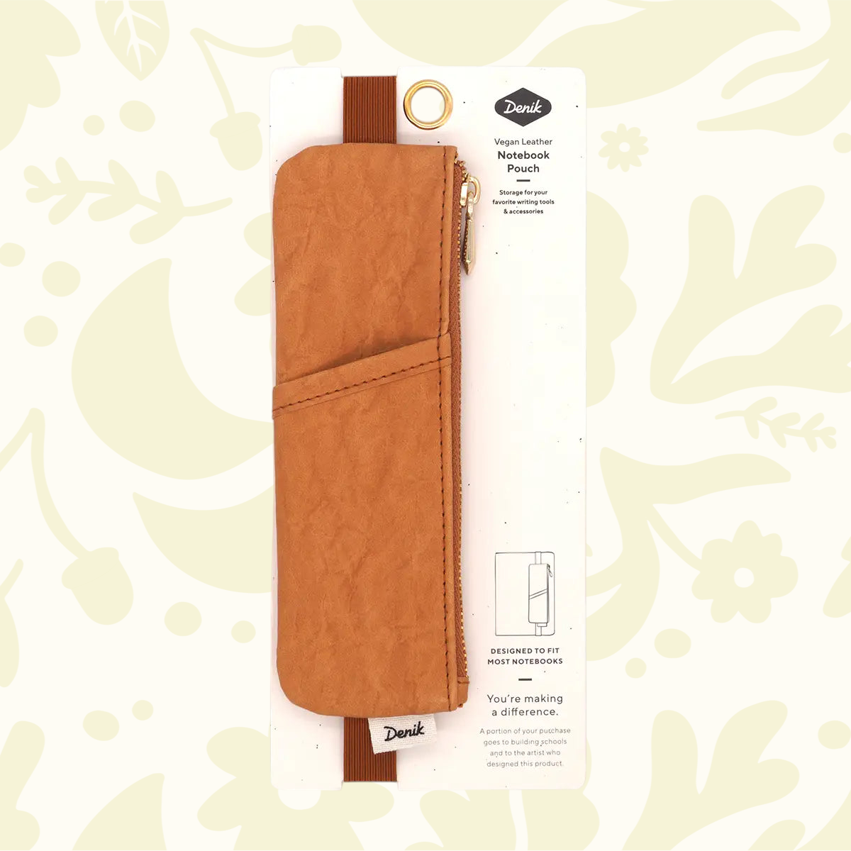 Denik Caramel Crinkle Vegan Leather Notebook Pouch with zipper, stylish on white and floral background, eco-friendly gift.