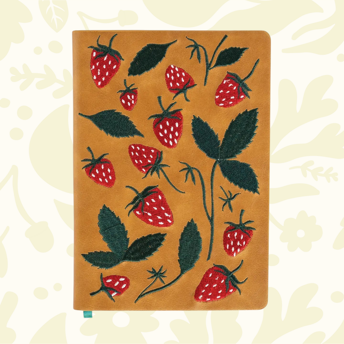 Forager Provisions LTD Denik Folk Elana’s Berries journal with raised red strawberry and green leaf embroidery on tan cover