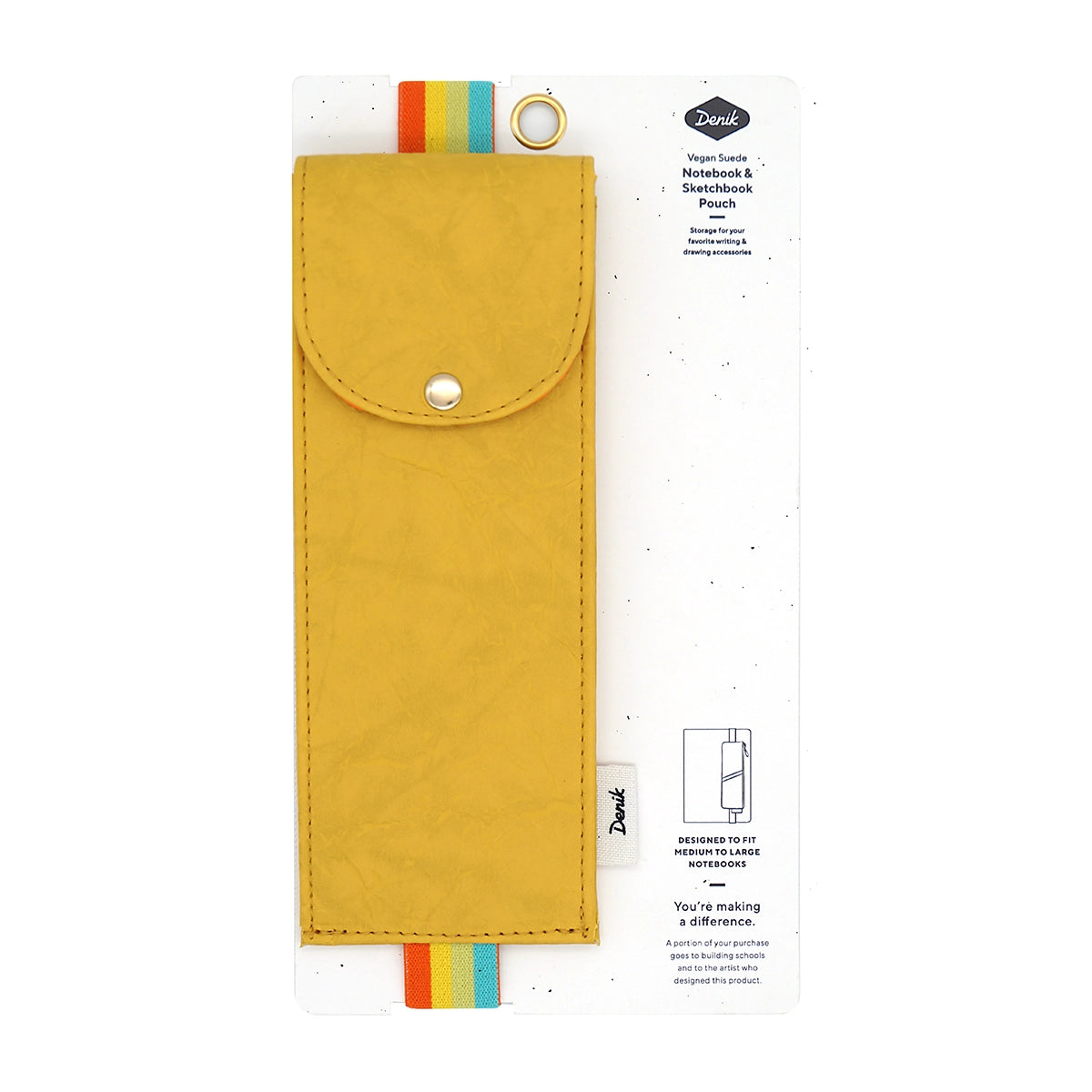 Denik Yellow Crinkle Notebook vegan leather pouch with snap, rainbow elastic—perfect artist sketchbook accessory gift.