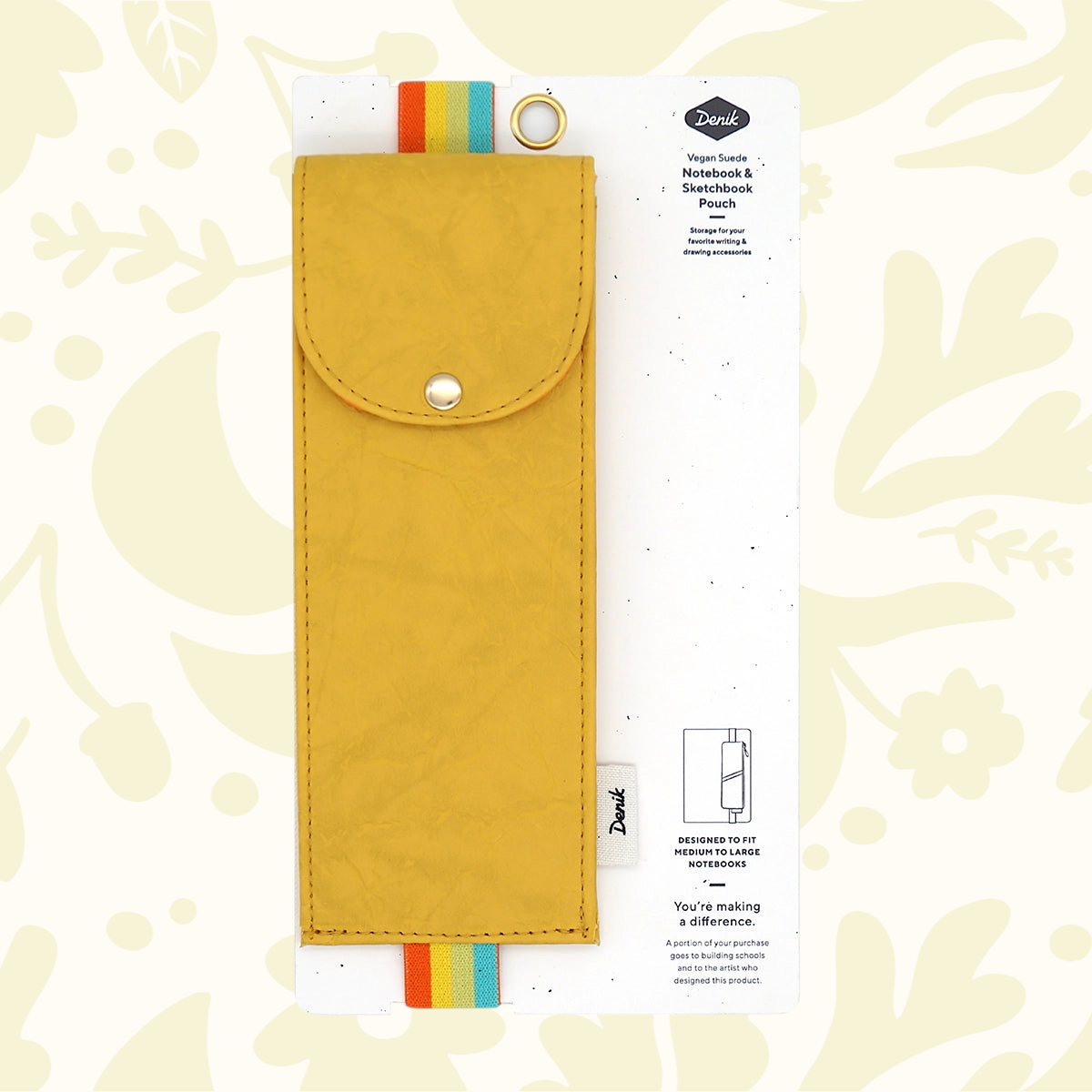 Denik yellow crinkle sketchbook with vegan leather pouch, on branded white packaging. Eco-friendly, artist journal notebook.