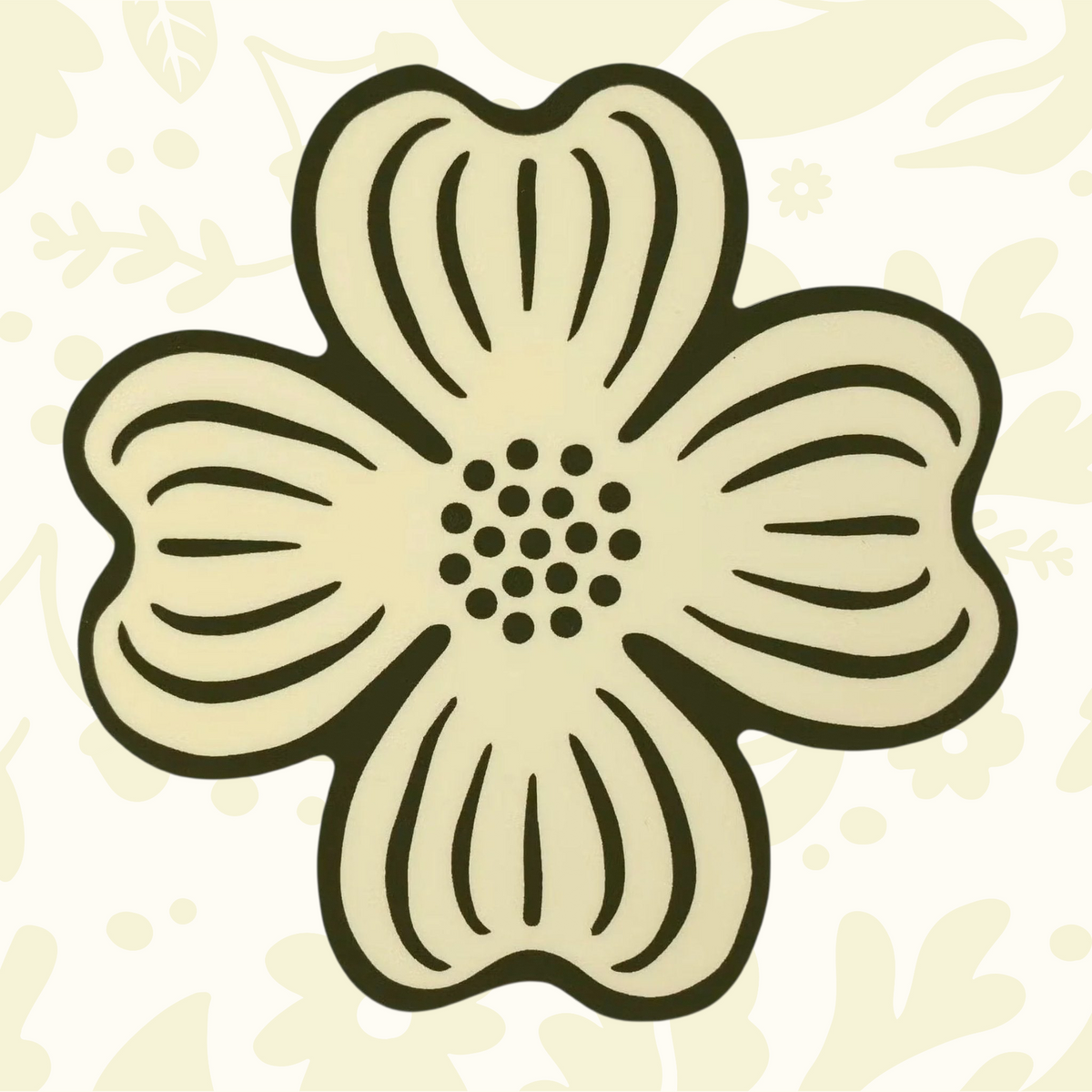 Forager Provisions LTD dogwood flower sticker with black line art on white outdoor-rated vinyl.