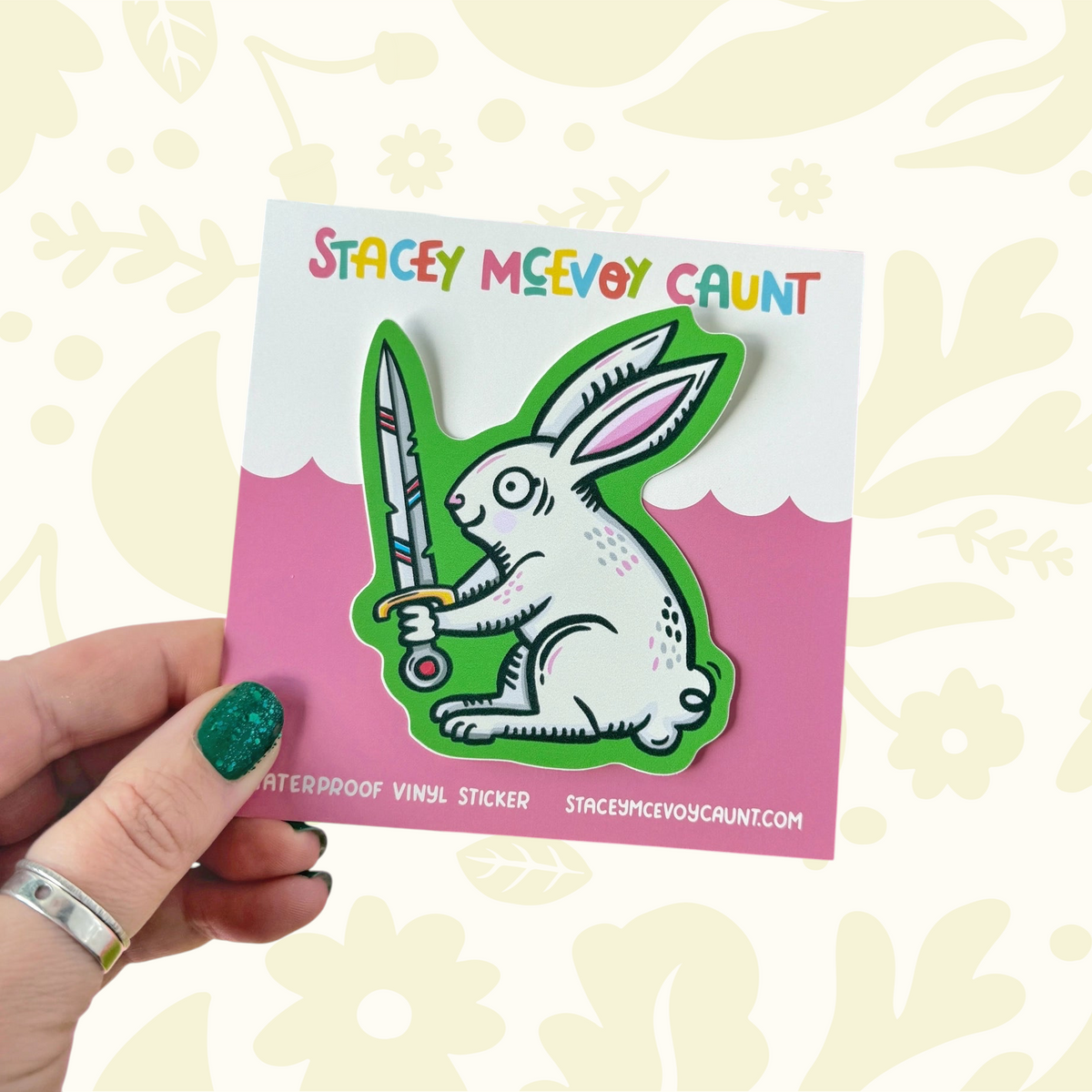 Forager Provisions LTD Stacey McEvoy Caunt matte vinyl sticker featuring a white medieval bunny holding a sword