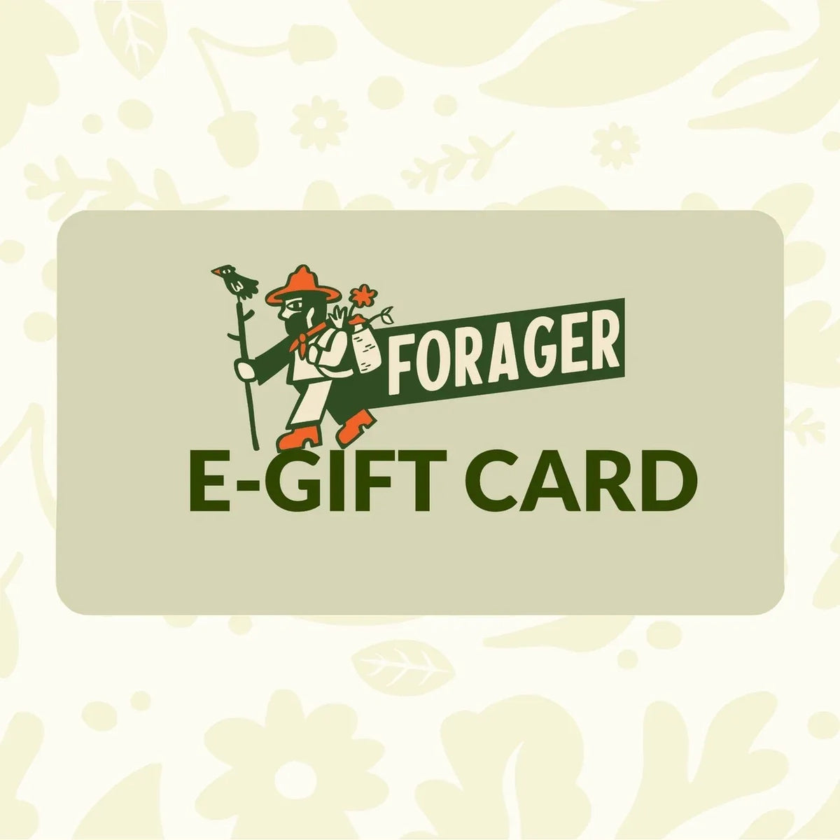 Forager Provisions LTD electronic gift card with a stylized forager illustration on a soft sage green background