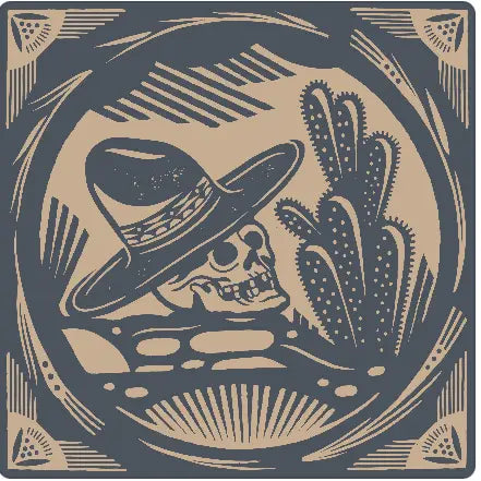 Forager Provisions LTD Bandits Bandanas El Rito Nights organic cotton bandana with skull, hat, and cactus print.