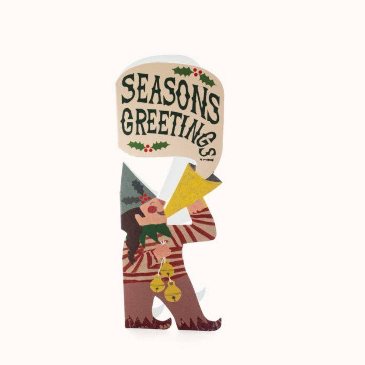 Forager Provisions LTD Hadley Christmas greeting card featuring a whimsical elf girl holding a Seasons Greetings sign