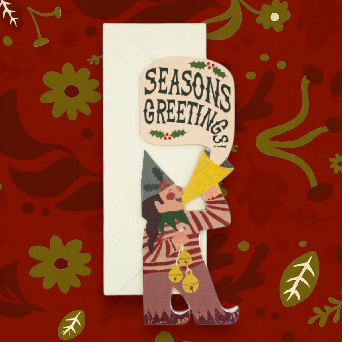 Forager Provisions LTD Hadley Christmas greeting card featuring a whimsical elf girl blowing a horn with Seasons Greetings