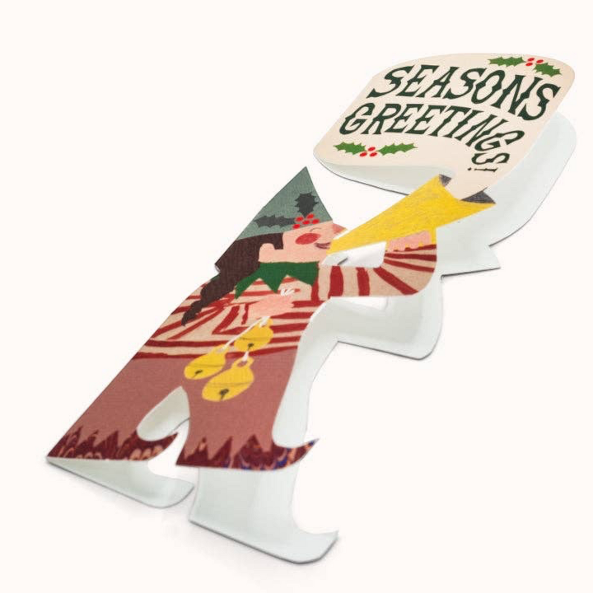 Forager Provisions LTD Hadley Christmas greeting card featuring a die-cut illustration of an elf girl blowing a horn