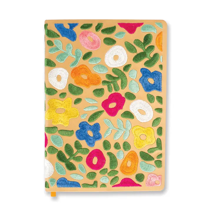 Forager Provisions LTD Denik Spring Garden hardbound journal with colourful floral embroidery on a tan cover.
