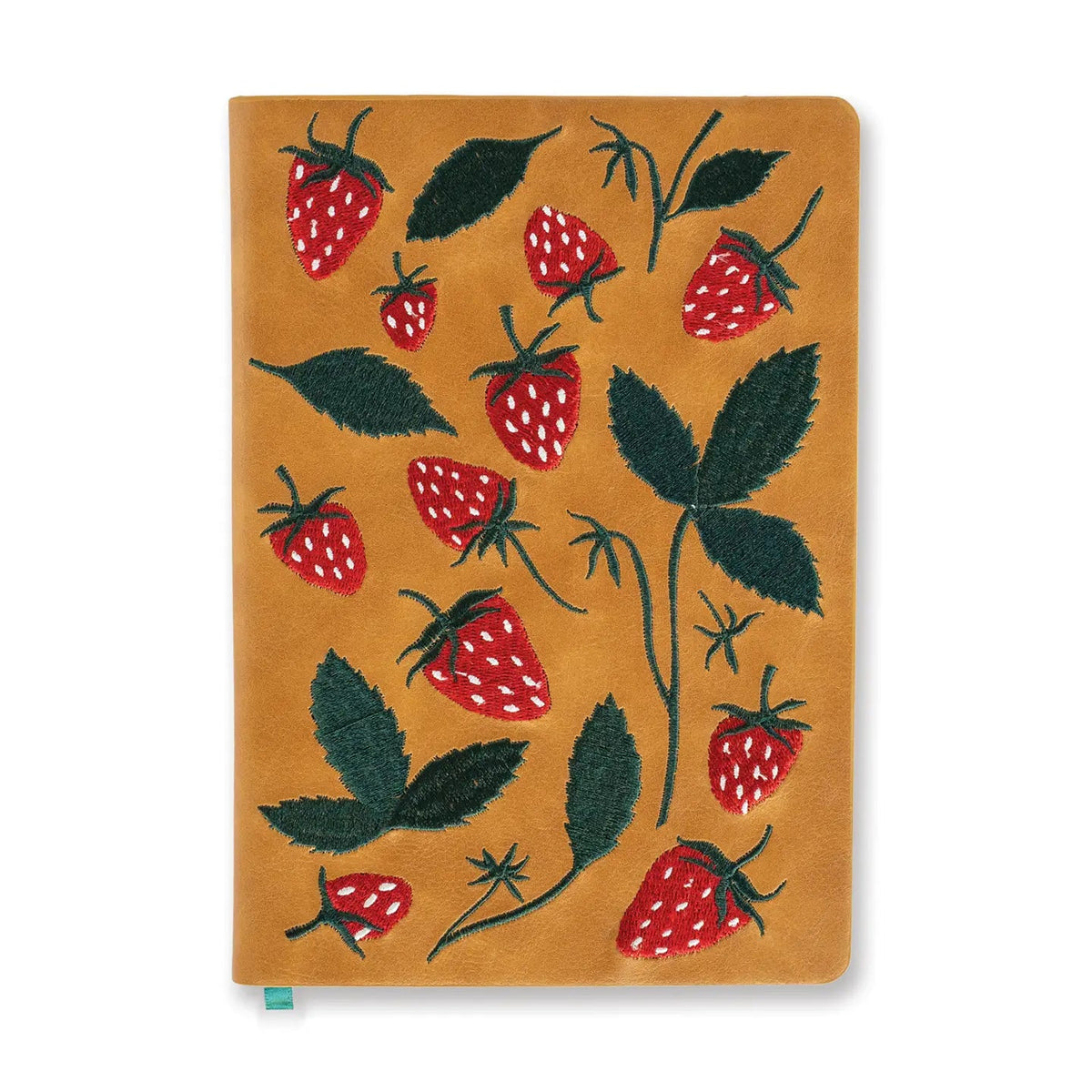 Forager Provisions LTD Denik Folk Elana’s Berries journal with raised red strawberry embroidery on a tan cover.