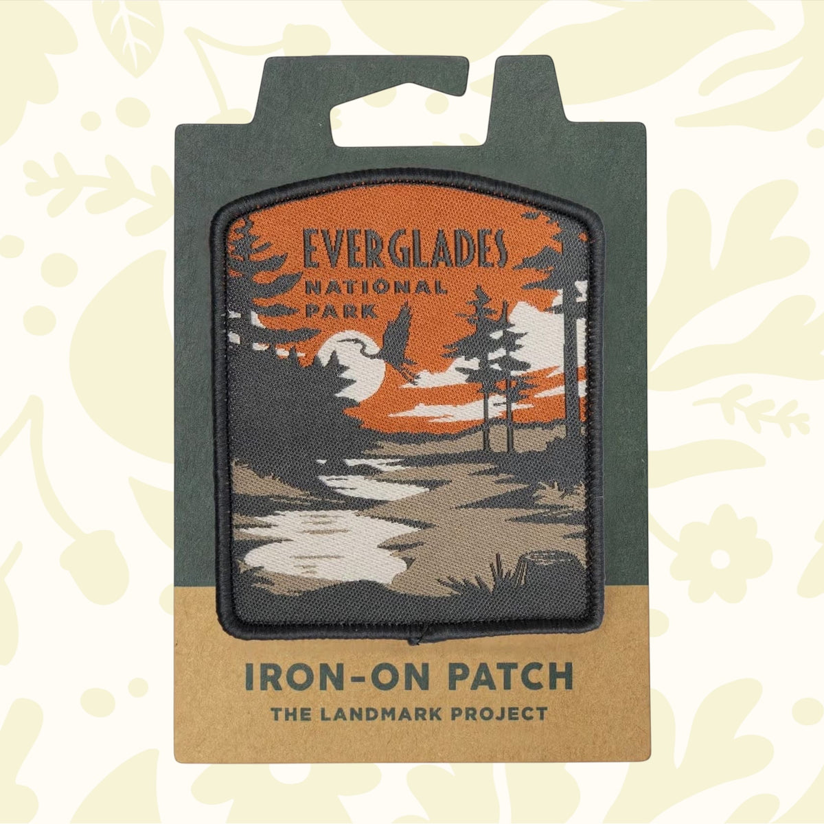 Forager Provisions LTD Everglades National Park iron-on patch featuring a sunset landscape with trees and a bird